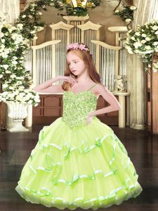 Fashion Sleeveless Floor Length Appliques Lace Up Pageant Dress for Teens with Yellow Green