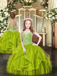 Custom Designed Floor Length Lace Up Girls Pageant Dresses Olive Green for Party and Quinceanera with Beading and Ruffles
