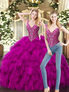 Fuchsia Lace Up Quinceanera Dresses Beading and Ruffles Sleeveless Floor Length