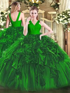 High Quality Floor Length Dark Green 15th Birthday Dress Organza Sleeveless Ruffles