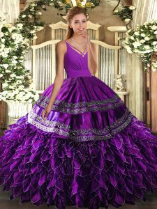 Modern Eggplant Purple Organza Lace Up V-neck Sleeveless Floor Length Sweet 16 Dress Beading and Appliques and Ruffles