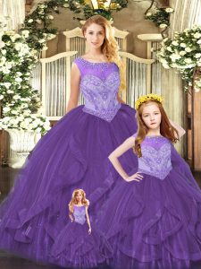 Ball Gowns Ball Gown Prom Dress Purple Scoop Organza Sleeveless Floor Length Lace Up