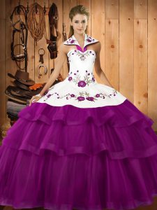 Fine Eggplant Purple Ball Gowns Organza Halter Top Sleeveless Embroidery and Ruffled Layers Lace Up Ball Gown Prom Dress Sweep Train
