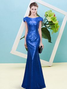 Royal Blue Sequined Zipper Homecoming Dress Cap Sleeves Floor Length Sequins