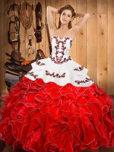 Floor Length Wine Red Quinceanera Dress Satin and Organza Sleeveless Embroidery and Ruffles