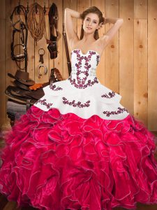 Dynamic Hot Pink Satin and Organza Lace Up Strapless Sleeveless Floor Length Ball Gown Prom Dress Embroidery and Ruffles