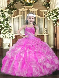 Sweet Beading and Ruffles and Sequins Pageant Dress for Teens Rose Pink Lace Up Sleeveless Floor Length