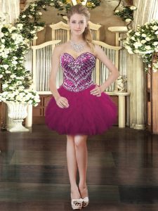 Beading and Ruffles Dress for Prom Fuchsia Lace Up Sleeveless Mini Length