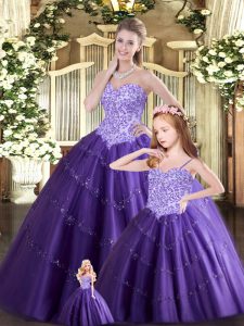 Purple Ball Gowns Beading Sweet 16 Dress Lace Up Tulle Sleeveless Floor Length