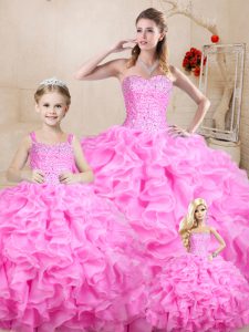 Rose Pink Vestidos de Quinceanera Sweet 16 and Quinceanera with Beading and Ruffles Sweetheart Sleeveless Lace Up