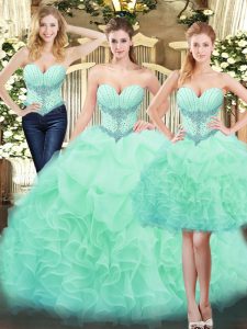 Beauteous Apple Green Organza Lace Up Sweetheart Sleeveless Floor Length Quince Ball Gowns Beading and Ruffles