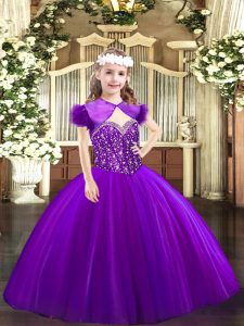 Purple Sleeveless Floor Length Beading Lace Up Pageant Dress for Teens