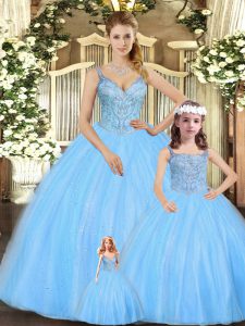 Turquoise Tulle Lace Up Quinceanera Gowns Sleeveless Floor Length Beading