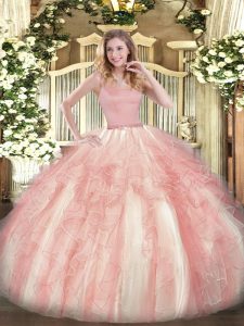 Pink 15th Birthday Dress Military Ball and Sweet 16 and Quinceanera with Beading and Ruffles Straps Sleeveless Zipper