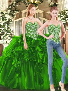 Attractive Dark Green Sleeveless Floor Length Beading and Ruffles Lace Up Sweet 16 Quinceanera Dress