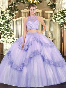 Scoop Sleeveless Zipper Quinceanera Gowns Lavender Tulle