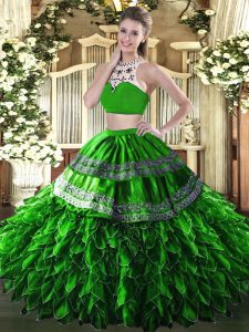 Elegant Green Quinceanera Gowns Military Ball and Sweet 16 and Quinceanera with Beading and Ruffles High-neck Sleeveless Backless