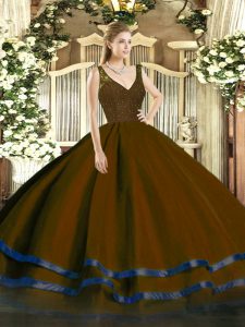 Brown Backless V-neck Beading and Lace and Ruffled Layers 15 Quinceanera Dress Organza Sleeveless