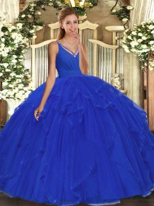Luxurious Blue Ball Gowns V-neck Sleeveless Tulle Floor Length Backless Beading and Ruffles Sweet 16 Dresses