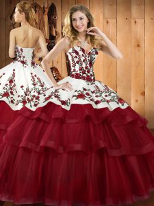 Suitable Wine Red Sweetheart Neckline Embroidery Quinceanera Gowns Sleeveless Lace Up