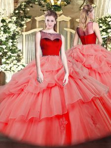 Smart Watermelon Red Vestidos de Quinceanera Sweet 16 and Quinceanera with Beading and Appliques Scoop Sleeveless Zipper
