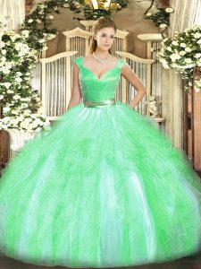 Cheap Floor Length Apple Green 15th Birthday Dress V-neck Sleeveless Zipper