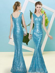 Baby Blue Zipper Asymmetric Sequins Prom Dress Sequined Sleeveless