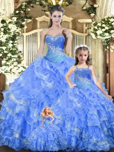 Tulle Sweetheart Sleeveless Lace Up Beading and Ruffles and Ruching 15 Quinceanera Dress in Baby Blue