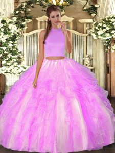 Sumptuous Lilac Two Pieces Halter Top Sleeveless Organza Floor Length Backless Beading and Ruffles Quince Ball Gowns
