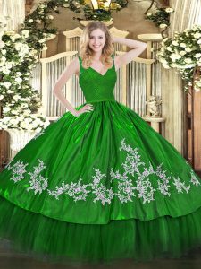 Dramatic Green Taffeta Backless Straps Sleeveless Floor Length Sweet 16 Dress Beading and Lace and Appliques