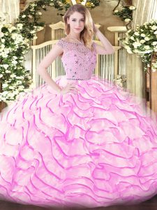 Sleeveless Beading and Ruffled Layers Zipper 15 Quinceanera Dress with Lilac Sweep Train