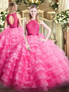 Hot Pink Sleeveless Ruffled Layers Floor Length Quinceanera Dresses