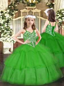Beautiful Green Organza Lace Up Pageant Gowns Sleeveless Floor Length Beading and Ruffled Layers