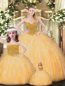 Pretty Sleeveless Tulle Floor Length Lace Up 15th Birthday Dress in Gold with Beading