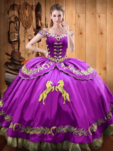 Fashion Eggplant Purple Off The Shoulder Neckline Beading and Embroidery Quinceanera Gown Sleeveless Lace Up