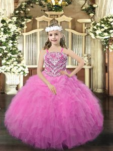 Straps Sleeveless Organza Pageant Dress Wholesale Beading and Ruffles Lace Up