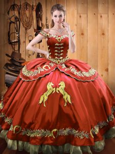 Wonderful Rust Red Off The Shoulder Neckline Beading and Embroidery Ball Gown Prom Dress Sleeveless Lace Up
