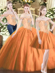 Orange Red Tulle Lace Up Ball Gown Prom Dress Sleeveless Floor Length Beading