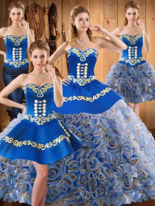 Affordable Multi-color Sleeveless Satin and Fabric With Rolling Flowers Sweep Train Lace Up Ball Gown Prom Dress for Military Ball and Sweet 16 and Quinceanera