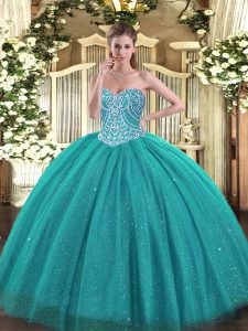Admirable Tulle Sweetheart Sleeveless Lace Up Beading Quinceanera Gown in Turquoise