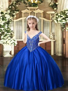 Sweet Royal Blue Satin Lace Up Pageant Gowns For Girls Sleeveless Floor Length Beading