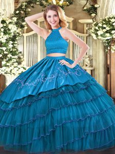 Ideal Floor Length Teal Quinceanera Gown Organza Sleeveless Beading and Embroidery and Ruffled Layers