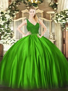 Dazzling Green Satin Backless V-neck Sleeveless Floor Length Ball Gown Prom Dress Beading and Lace
