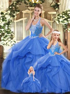Glorious Blue Ball Gowns Straps Sleeveless Tulle Floor Length Lace Up Beading and Ruffles Sweet 16 Dresses