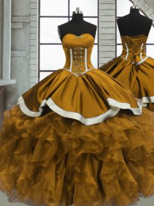 Beautiful Yellow Sleeveless Floor Length Beading and Ruffles Lace Up Quinceanera Dresses