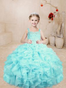 Aqua Blue Lace Up Straps Beading and Ruffles Little Girl Pageant Dress Organza Sleeveless