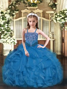 Fashionable Floor Length Blue Pageant Dress Straps Sleeveless Lace Up