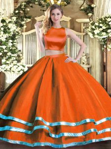 Floor Length Two Pieces Sleeveless Rust Red Ball Gown Prom Dress Criss Cross