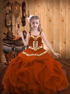 Rust Red Ball Gowns Embroidery and Ruffles Kids Formal Wear Lace Up Organza Sleeveless Floor Length