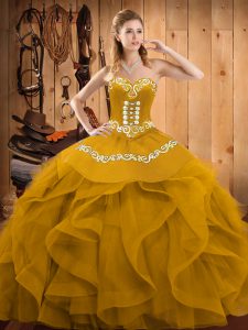 Gold Organza Lace Up Sweet 16 Dresses Sleeveless Floor Length Embroidery and Ruffles